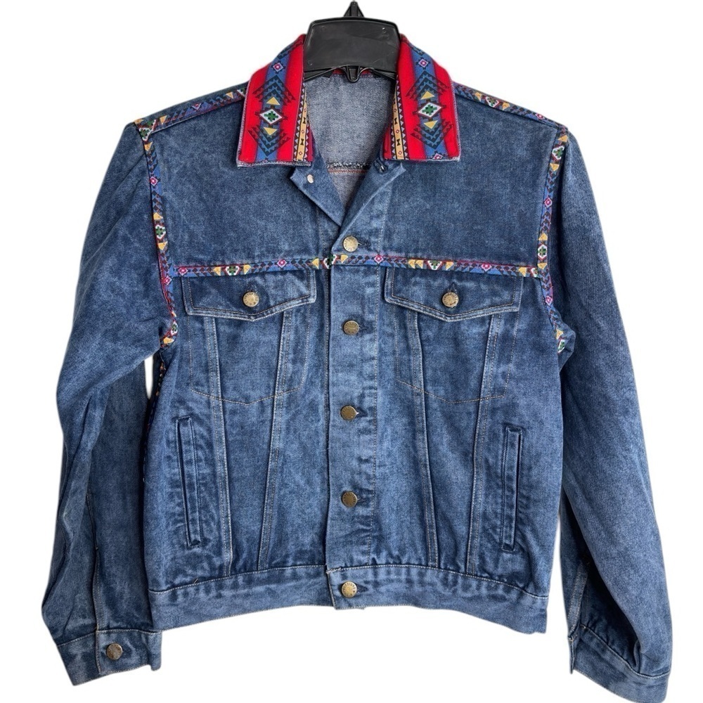 Vintage Denim Jean Trucker Jacket Womens Small Aztec Western Rodeo Southwestern